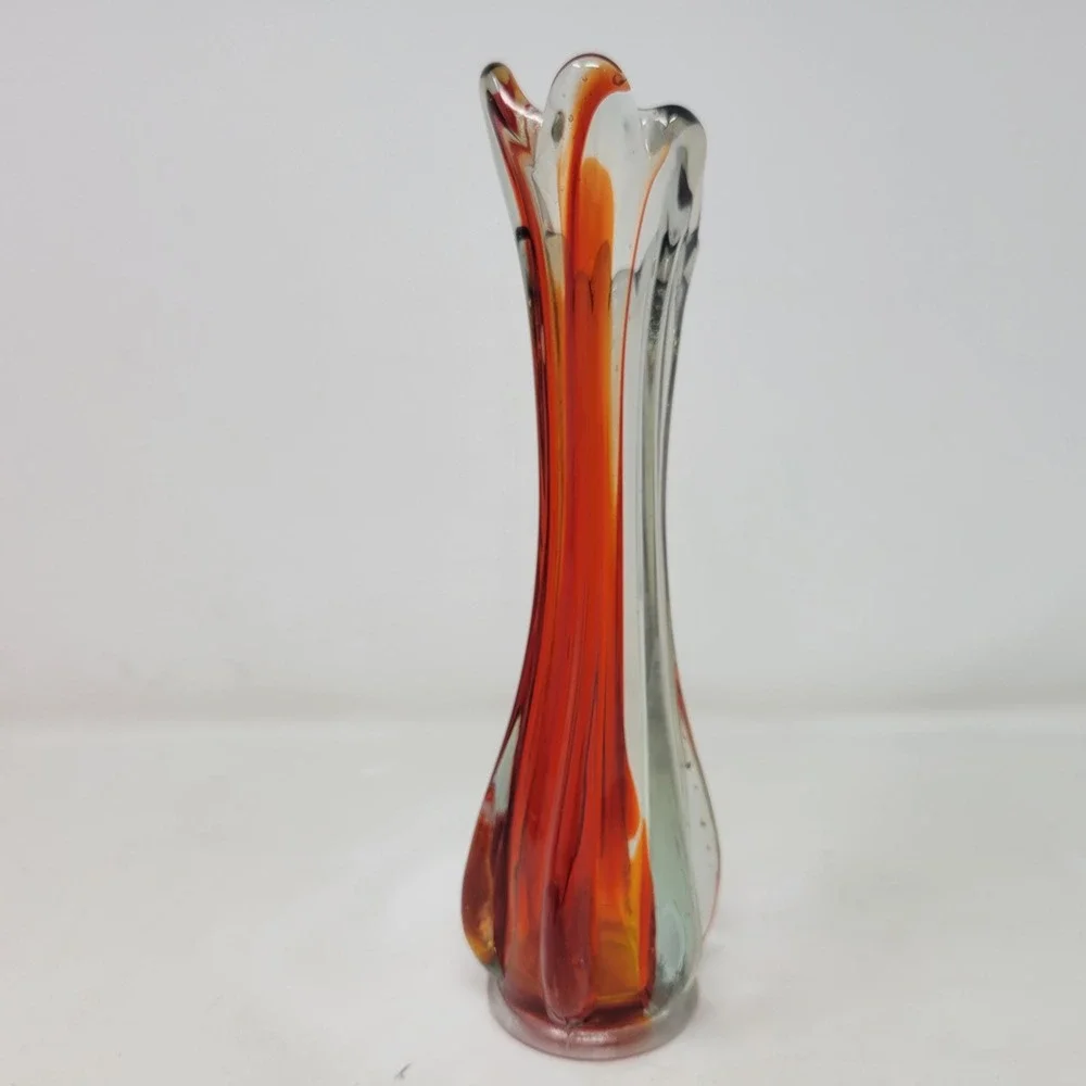 Vintage MCM Orange Amber Hand Blown Art Glass Swung Bud Vase 9.25in
